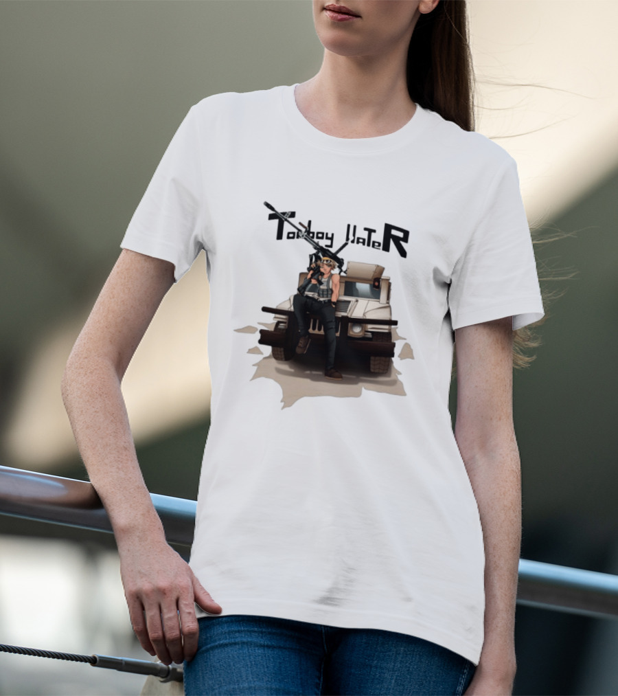 Tomboy Hater Anime Character With Gun And Armored Vehicle T-Shirt