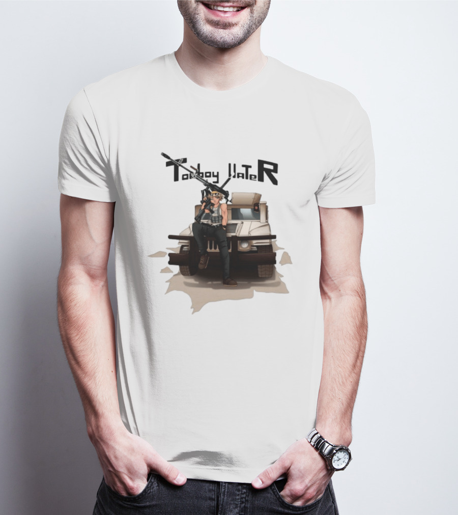Tomboy Hater Anime Character With Gun And Armored Vehicle T-Shirt