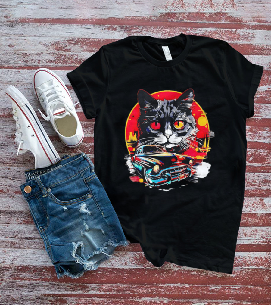 Black Cat With Vintage Classic Car And Retro Sunset T-Shirt