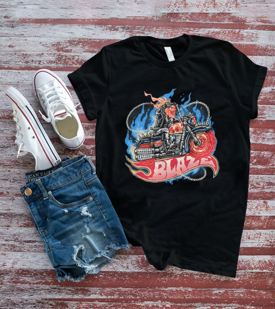 Blaze Flaming Skull Motorcycle Rider Blue Flame T-Shirt