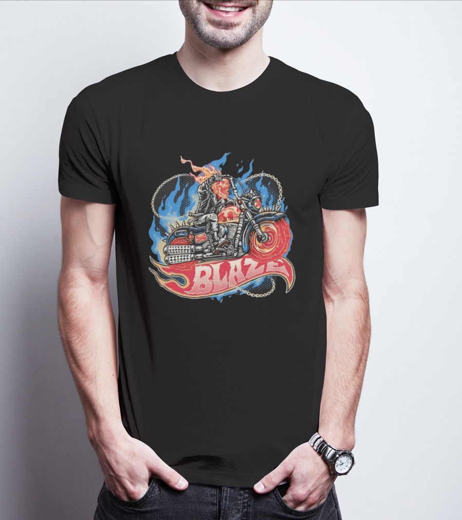 Blaze Flaming Skull Motorcycle Rider Blue Flame T-Shirt