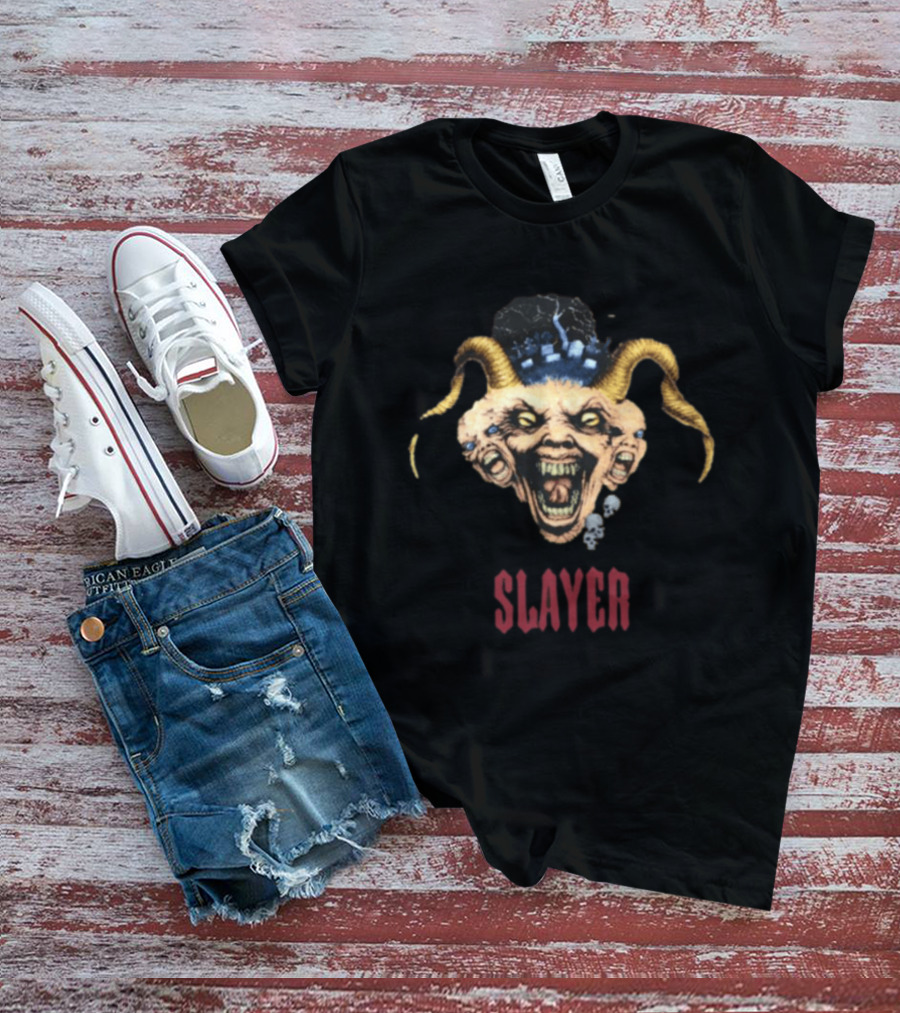 Slayer Triple Demon Head With Horns And Skulls T-Shirt