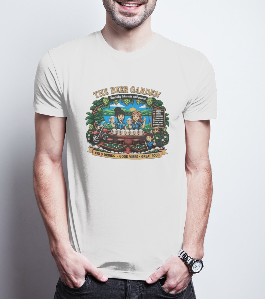 The Beer Garden Kentucky Lake Eats And Games Cold Drinks Good Vibes Great Food Burgers Sandwiches Wings Apps Relaxing Pool Tables Fun T-Shirt