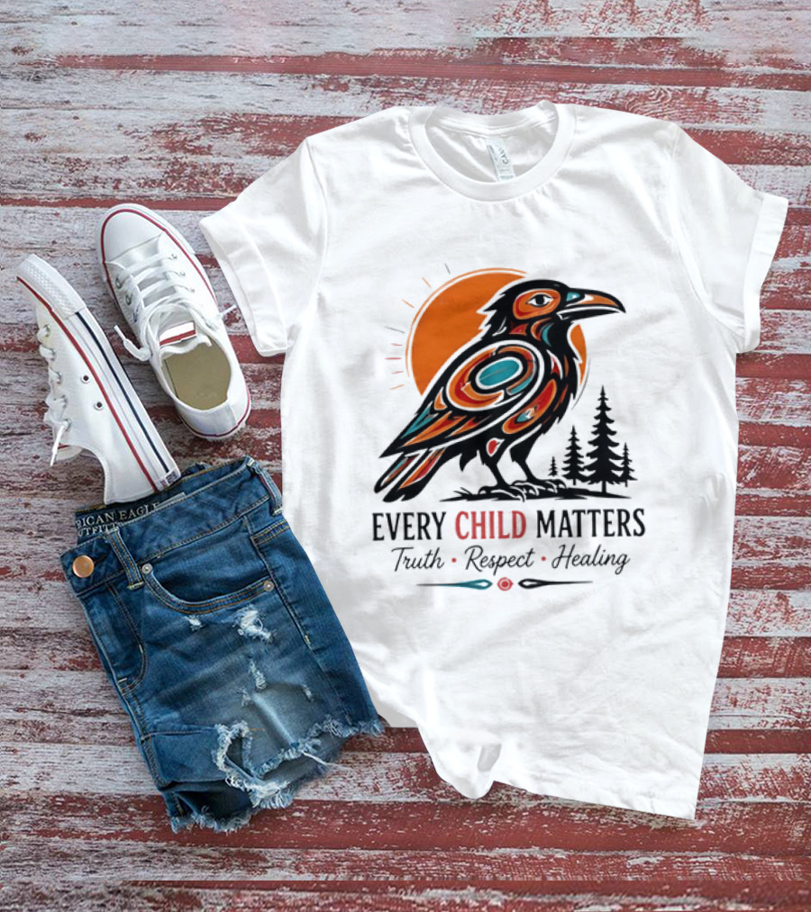 Every Child Matters Truth Respect Healing Raven With Sun And Trees T-Shirt