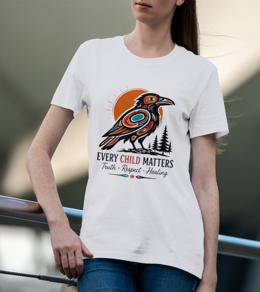 Every Child Matters Truth Respect Healing Raven With Sun And Trees T-Shirt