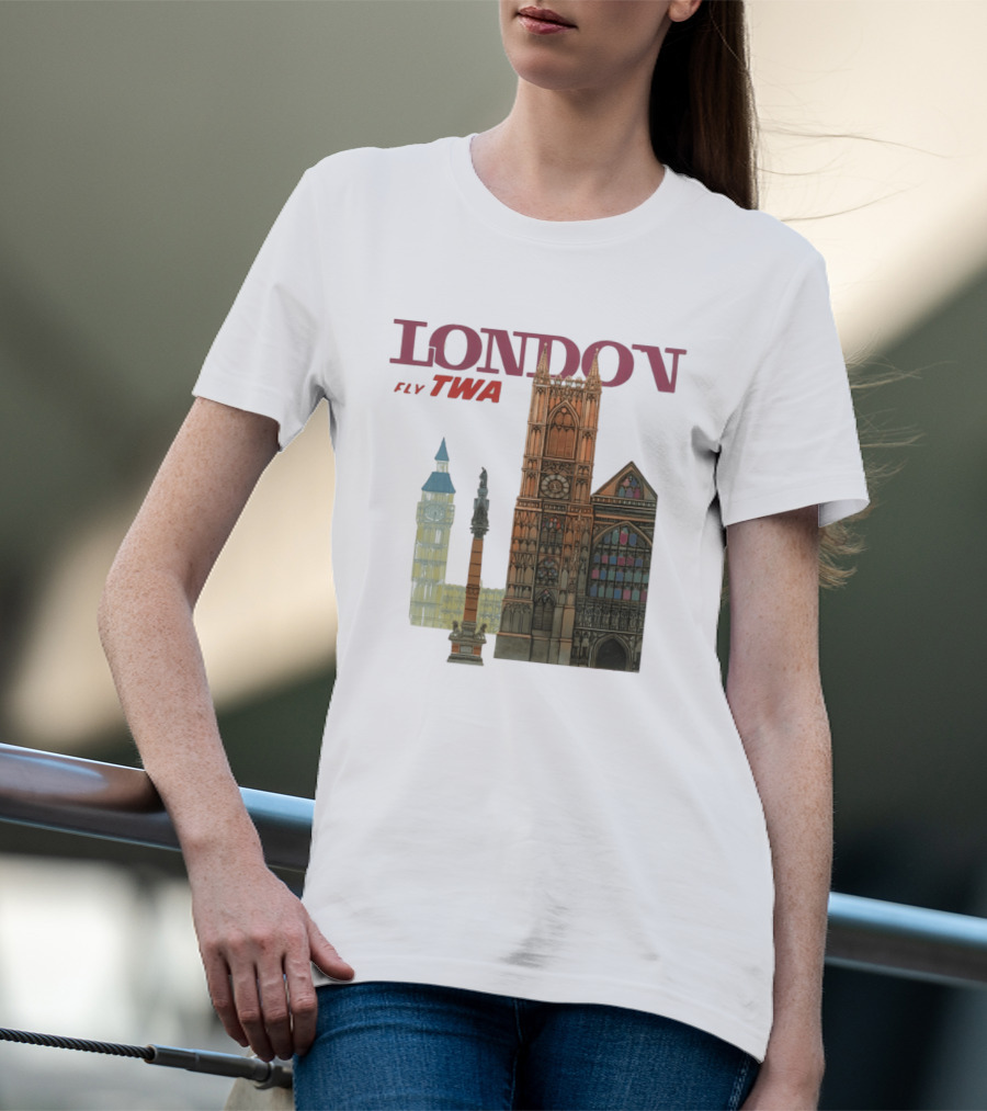 London Fly TWA Travel Big Ben Westminster Abbey Landmark T-Shirt