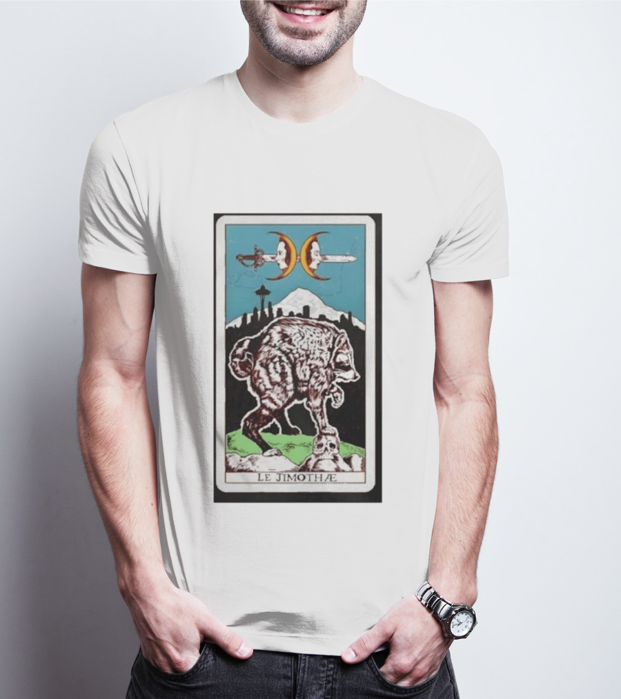 Le Jimothae Raccoon Tarot Seattle Skyline Moon Swords T-Shirt