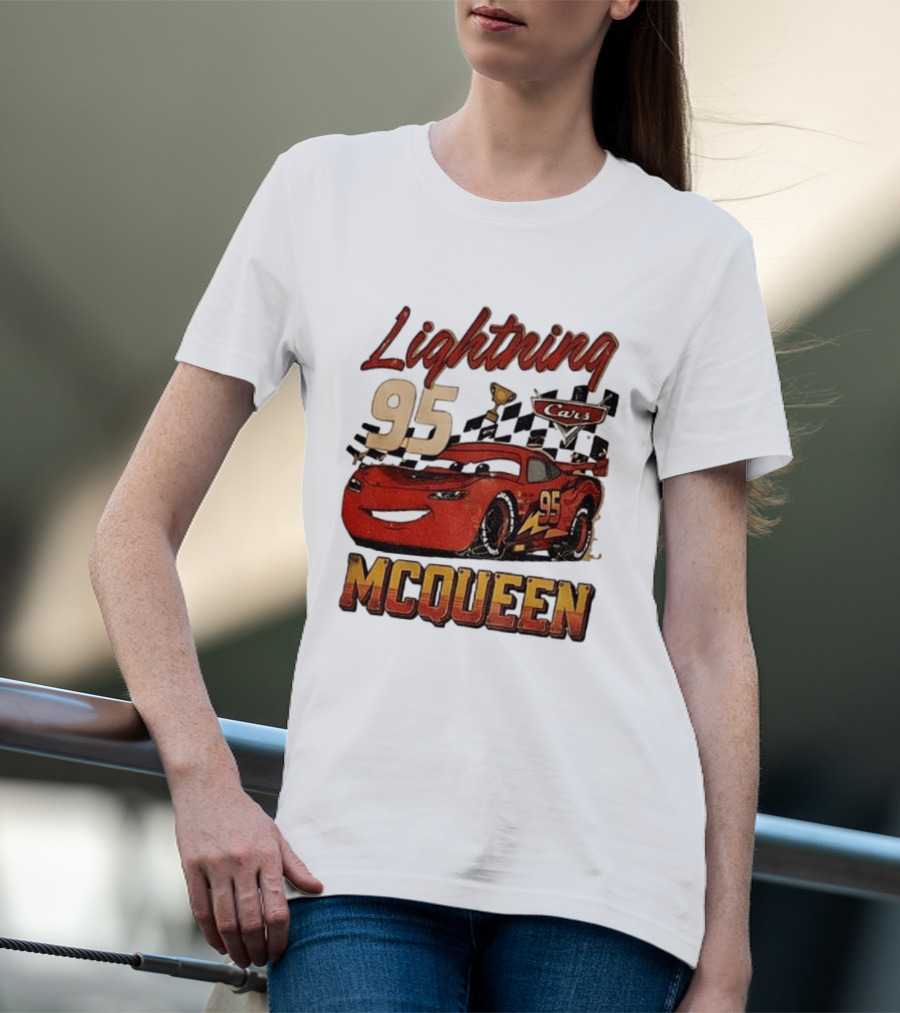 Lightning McQueen 95 Cars Trophy Checkered Flags Disney Pixar T-Shirt