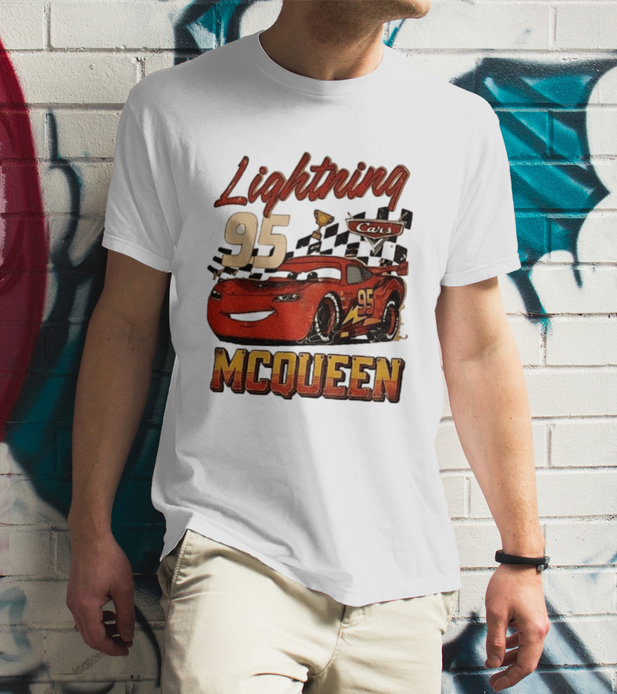 Lightning McQueen 95 Cars Trophy Checkered Flags Disney Pixar T-Shirt