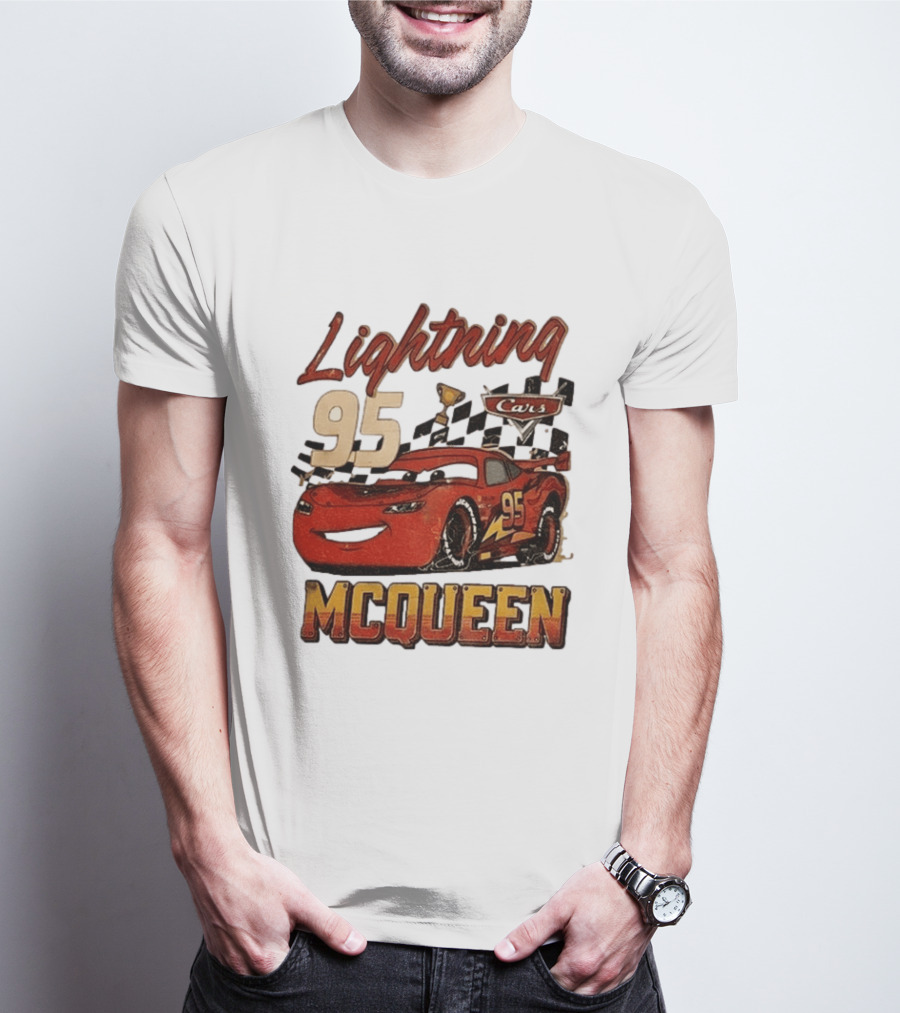 Lightning McQueen 95 Cars Trophy Checkered Flags Disney Pixar T-Shirt