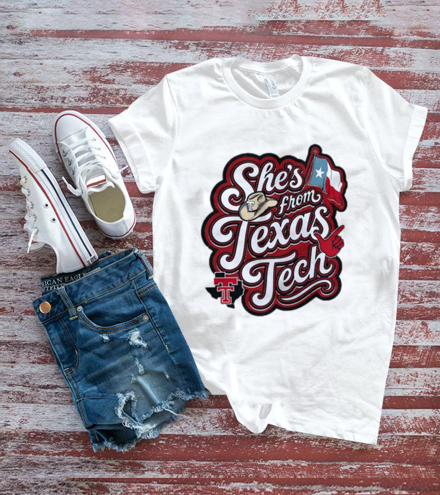 She's From Texas Tech Red Raiders Cowboy Hat Flag T-Shirt