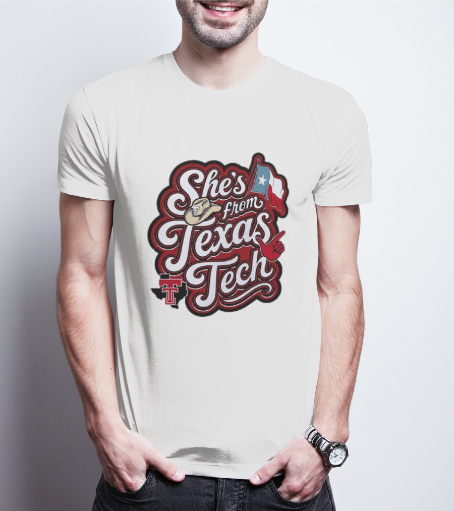 She's From Texas Tech Red Raiders Cowboy Hat Flag T-Shirt
