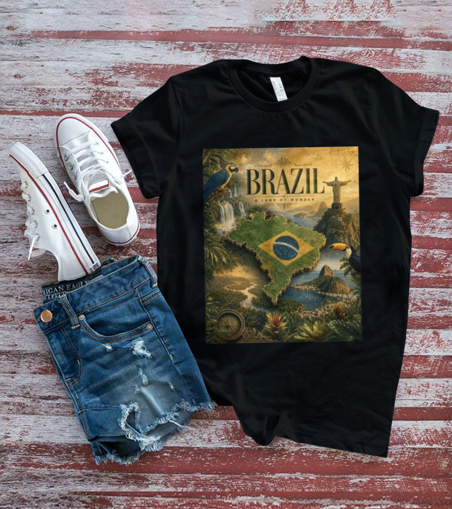 Brazil A Land Of Wonder Ordem E Progresso Christ The Redeemer Amazon Rainforest Toucan Macaw Waterfalls T-Shirt