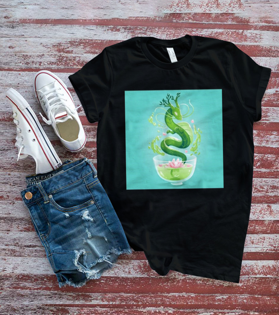 Green Tea Dragon In Teacup With Blossoms And Leaves T-Shirt