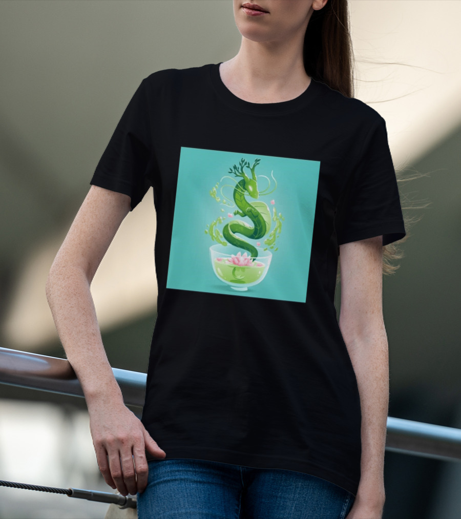 Green Tea Dragon In Teacup With Blossoms And Leaves T-Shirt