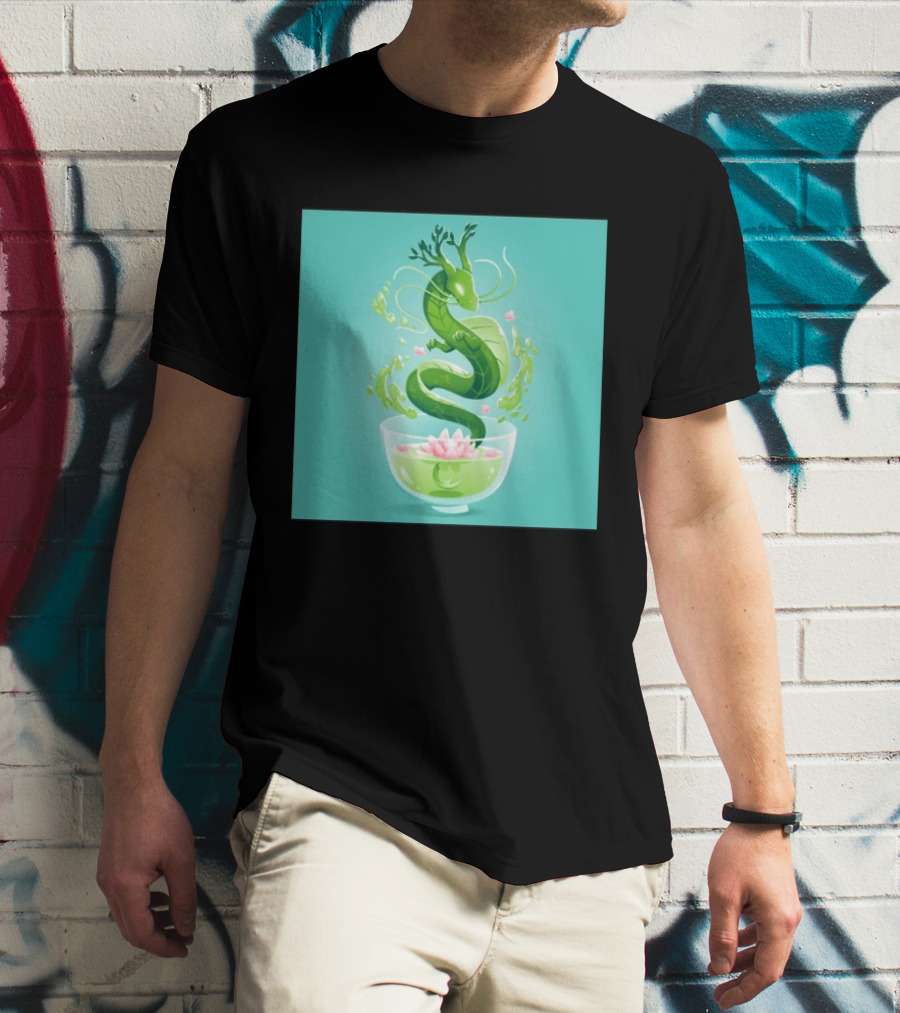 Green Tea Dragon In Teacup With Blossoms And Leaves T-Shirt