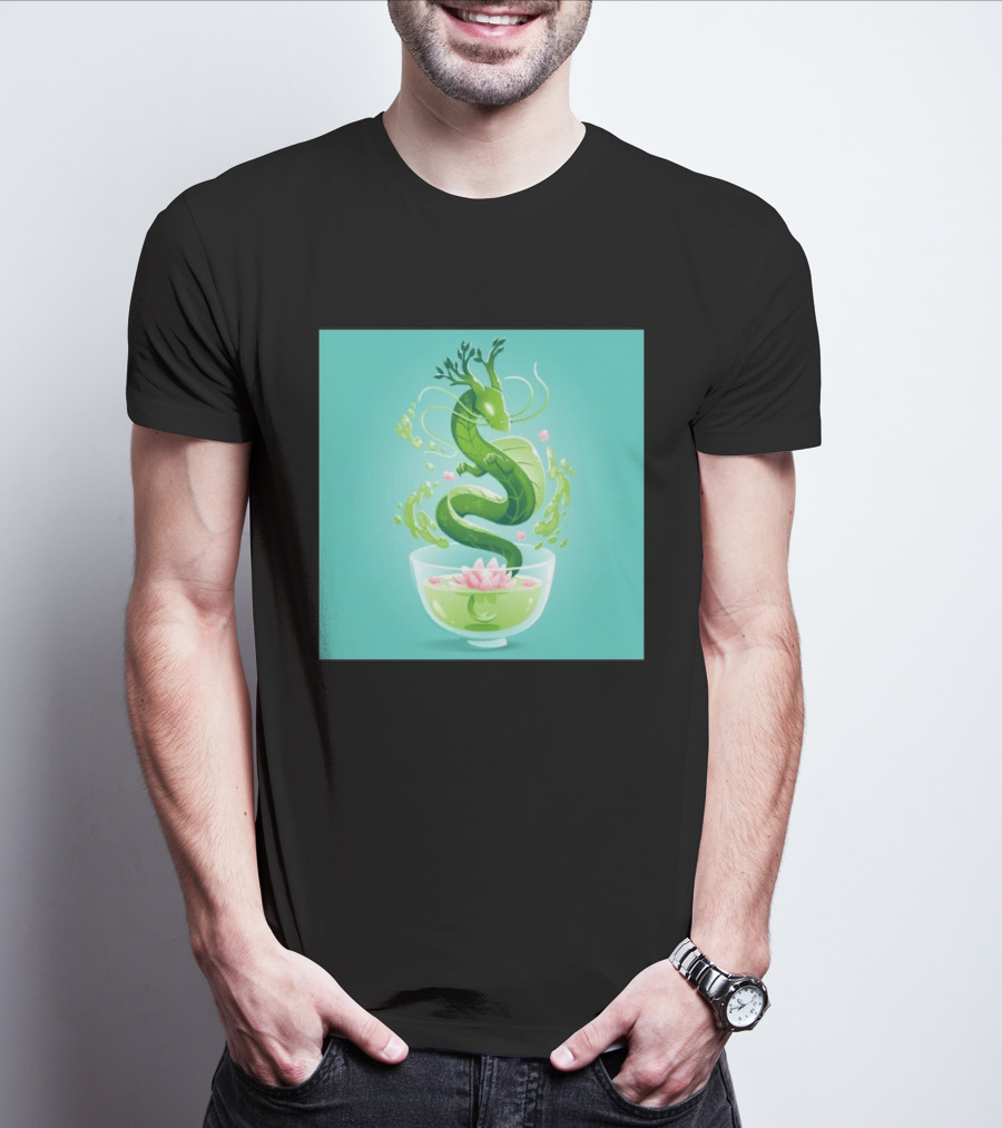 Green Tea Dragon In Teacup With Blossoms And Leaves T-Shirt