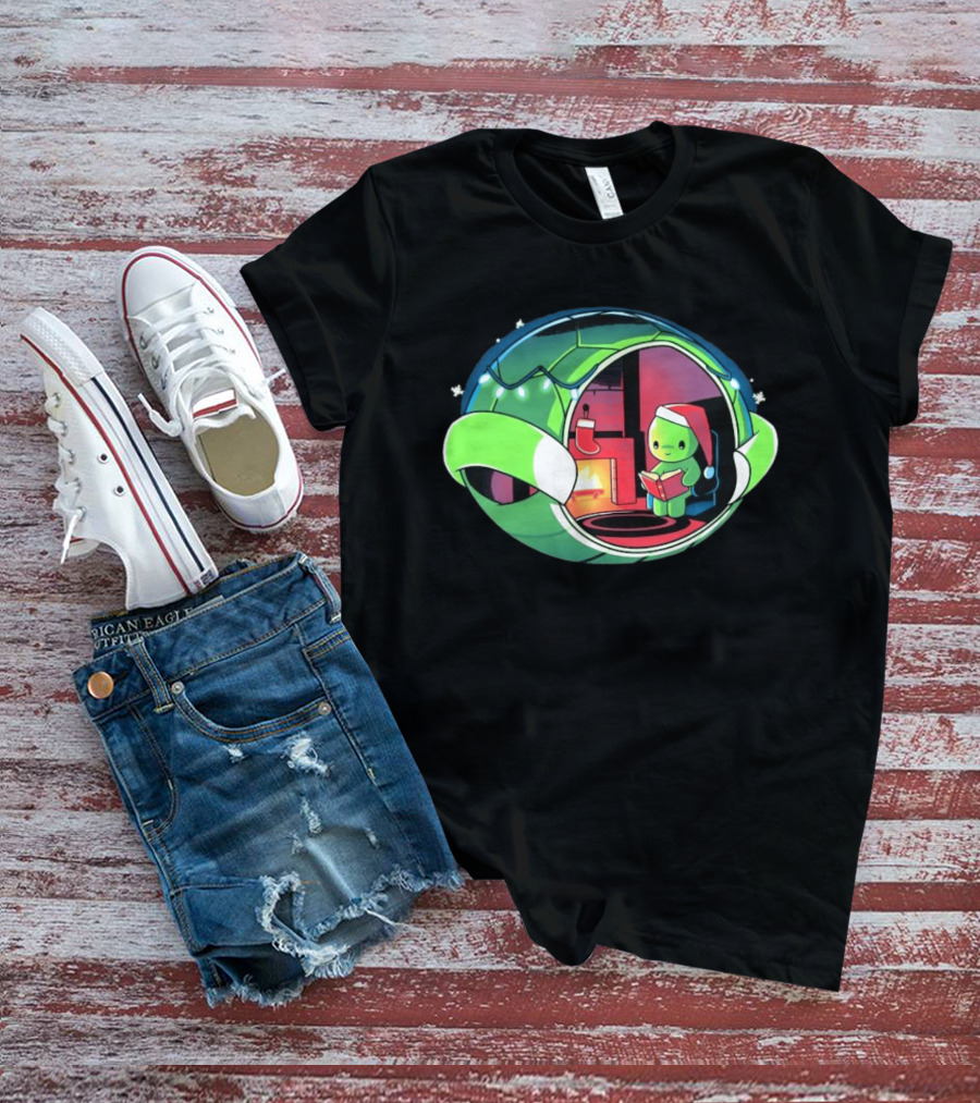 Christmas Turtle Cozy Holiday Scene With Santa Hat And Fireplace T-Shirt