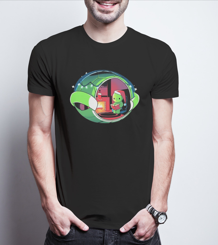 Christmas Turtle Cozy Holiday Scene With Santa Hat And Fireplace T-Shirt