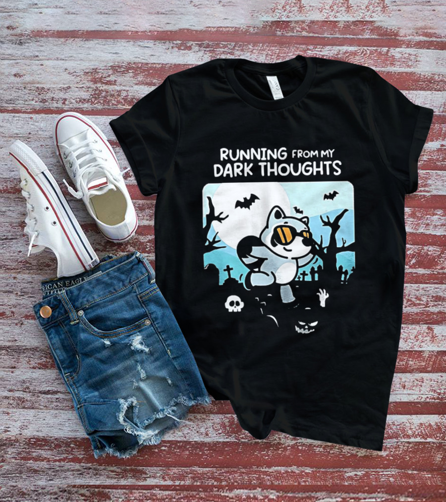 Raccoon Running From My Dark Thoughts Moonlight Bats And Graveyard Scene T-Shirt