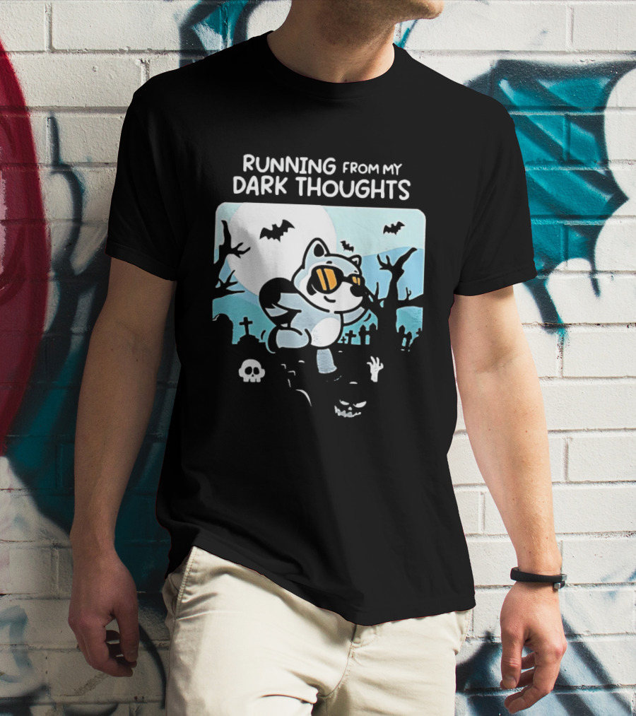 Raccoon Running From My Dark Thoughts Moonlight Bats And Graveyard Scene T-Shirt