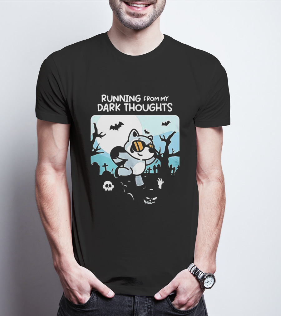 Raccoon Running From My Dark Thoughts Moonlight Bats And Graveyard Scene T-Shirt