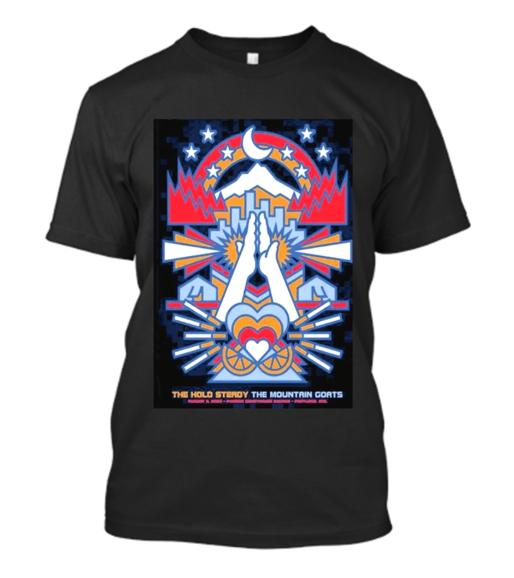 The Hold Steady The Mountain Goats Pioneer Courthouse Square Portland August 8 2026 Concert Tour Skyline Heart Hands Stars Moon Mountains T-Shirt