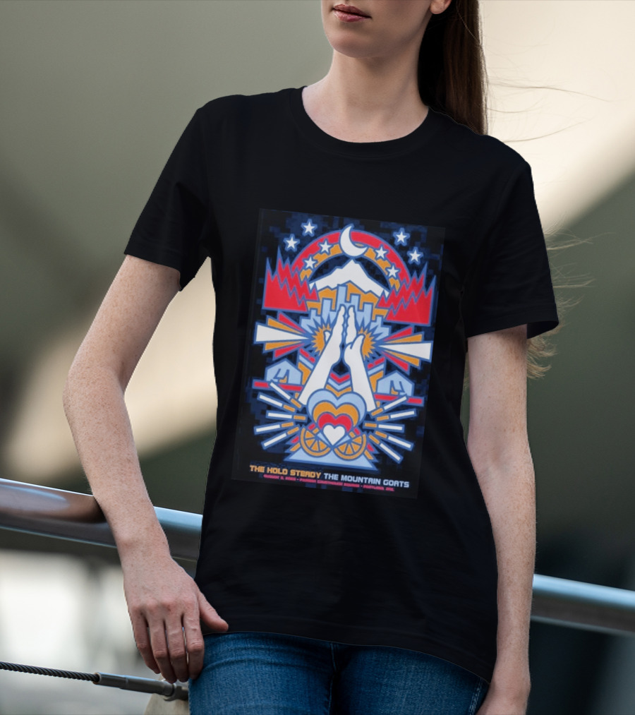 The Hold Steady The Mountain Goats Pioneer Courthouse Square Portland August 8 2026 Concert Tour Skyline Heart Hands Stars Moon Mountains T-Shirt