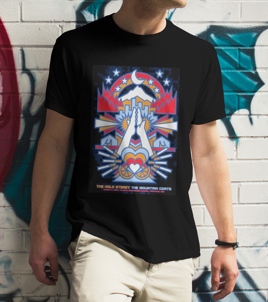 The Hold Steady The Mountain Goats Pioneer Courthouse Square Portland August 8 2026 Concert Tour Skyline Heart Hands Stars Moon Mountains T-Shirt