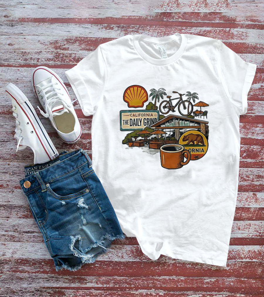 California The Daily Grind Shell Coffee Bear Bike Palms T-Shirt