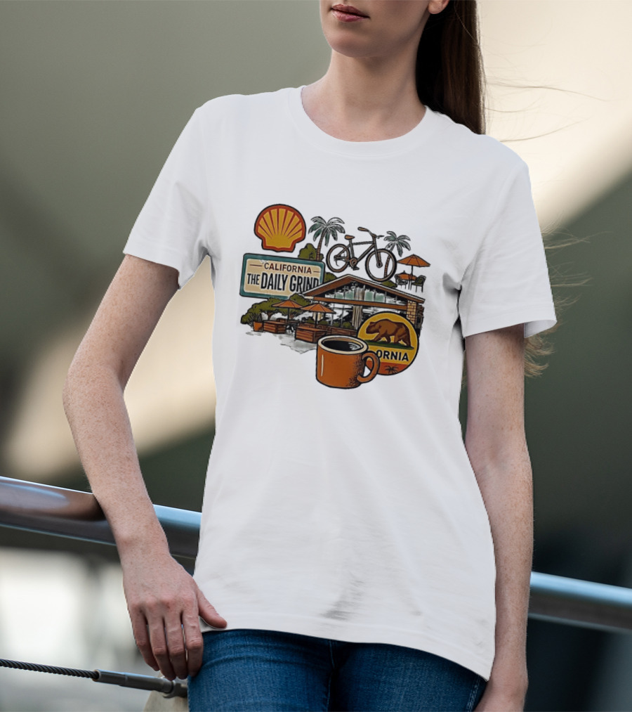 California The Daily Grind Shell Coffee Bear Bike Palms T-Shirt