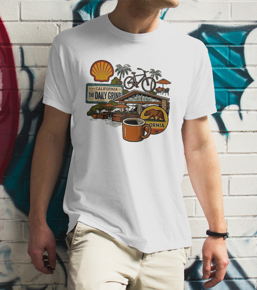California The Daily Grind Shell Coffee Bear Bike Palms T-Shirt
