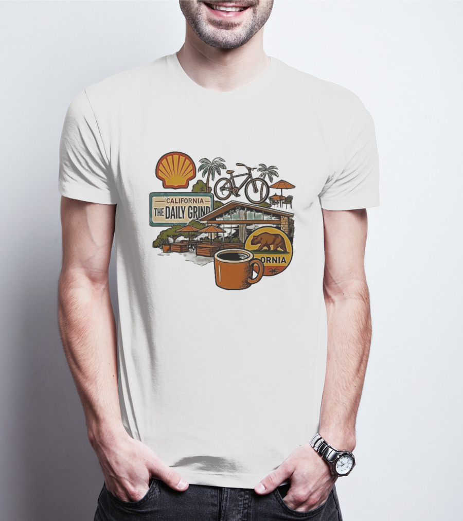 California The Daily Grind Shell Coffee Bear Bike Palms T-Shirt