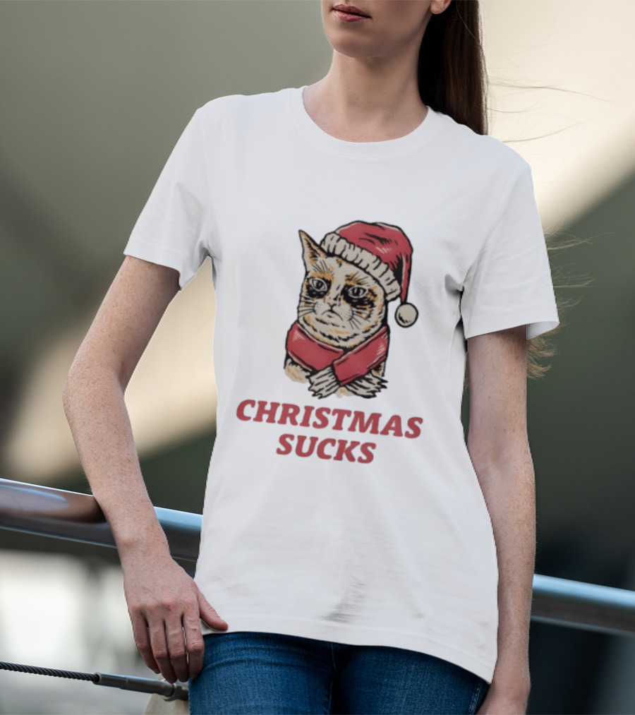 Cat Santa Hat Christmas Sucks Grumpy Humor T-Shirt
