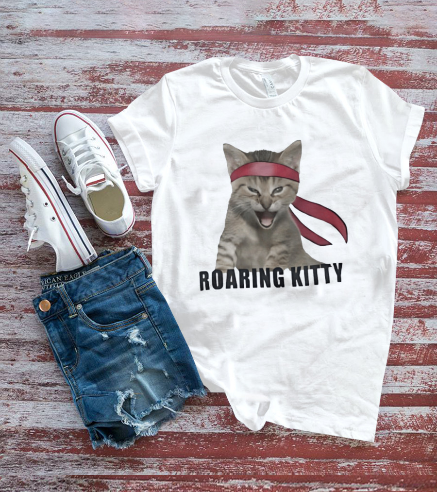Roaring Kitty Kitten In Red Headband Stock Market Meme T-Shirt
