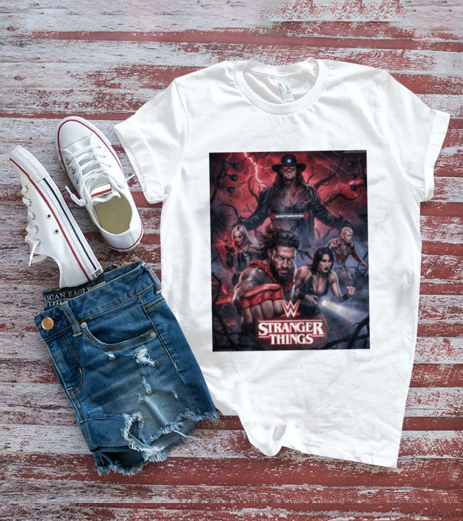 WWE And Stranger Things Crossover With The Undertaker, Roman Reigns, Cody Rhodes, Rhea Ripley, And Liv Morgan T-Shirt