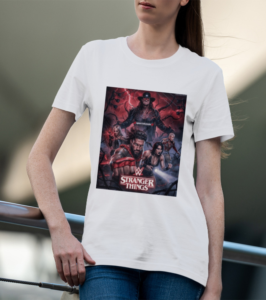 WWE And Stranger Things Crossover With The Undertaker, Roman Reigns, Cody Rhodes, Rhea Ripley, And Liv Morgan T-Shirt