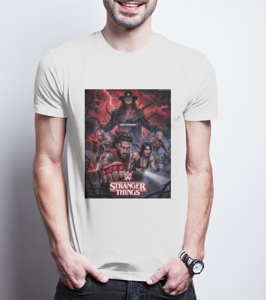 WWE And Stranger Things Crossover With The Undertaker, Roman Reigns, Cody Rhodes, Rhea Ripley, And Liv Morgan T-Shirt