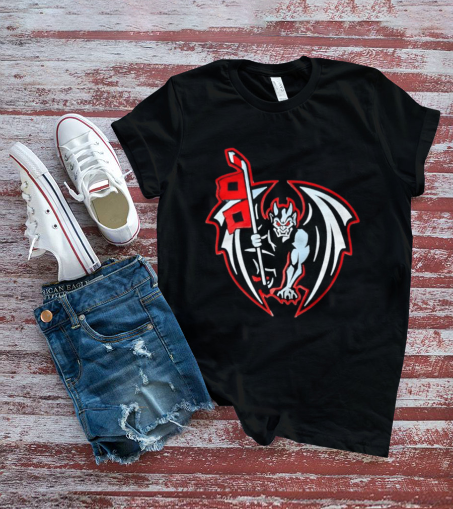 Greensboro Gargoyles Hockey Team Winged Gargoyle Holding Hockey Stick With Red Flag T-Shirt