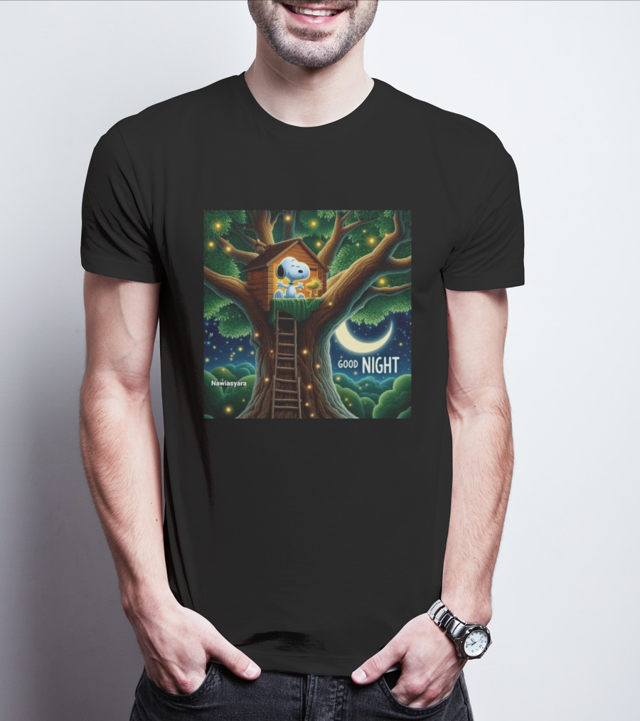 Leave A Heart If You Love Snoopy Good Night Treehouse Moonlit Scene T-Shirt
