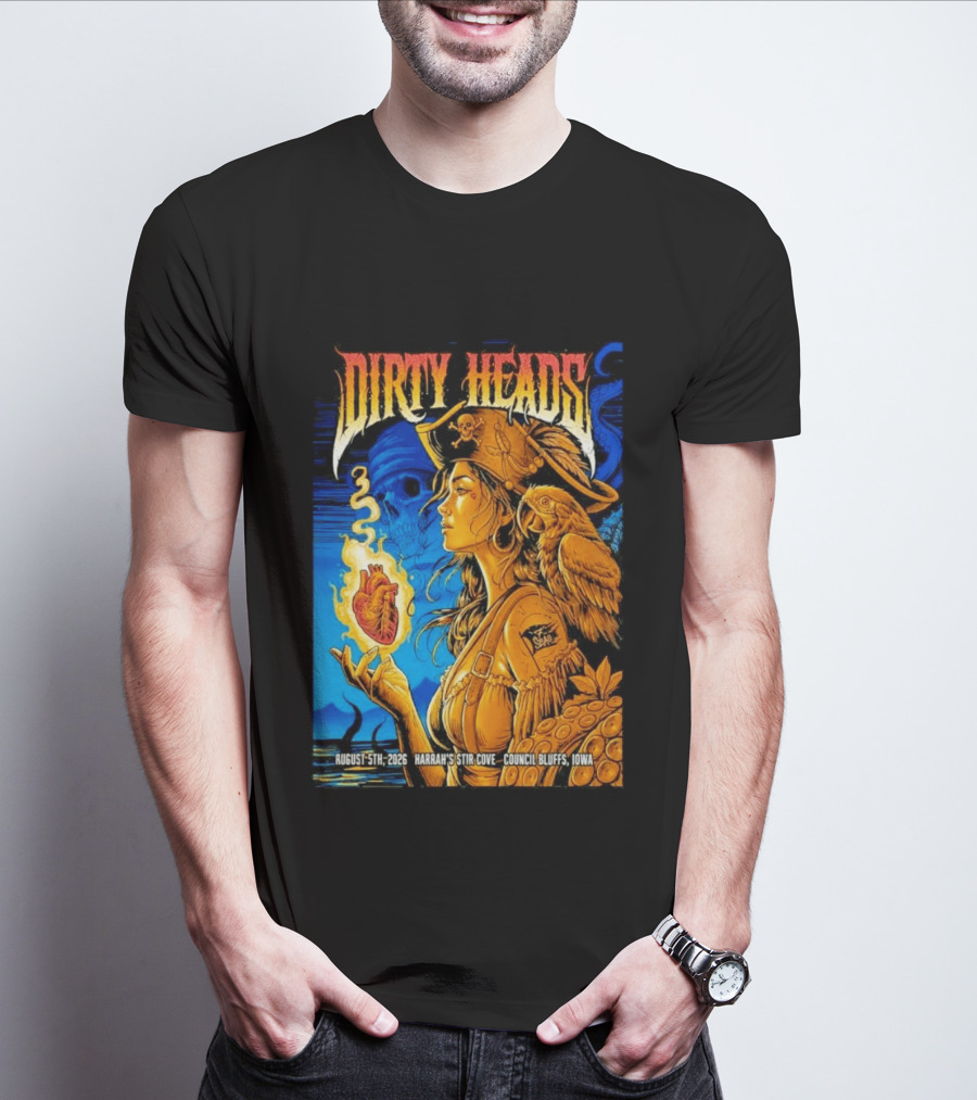 Dirty Heads August 5th 2026 Harrah's Stir Cove Council Bluffs Iowa Pirate Skull Parrot Live Event T-Shirt