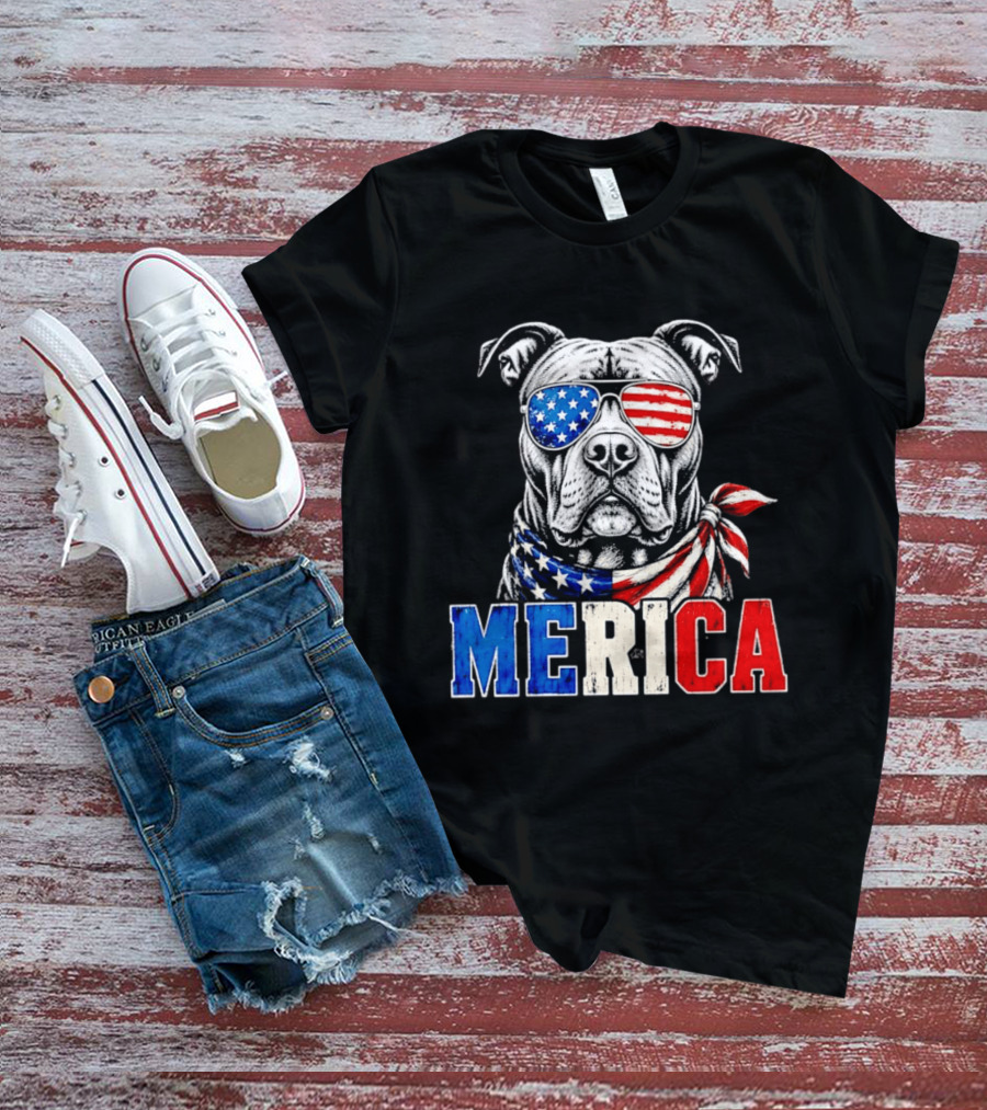 Patriotic Pit Bull Merica Dog With American Flag Sunglasses And Bandana T-Shirt