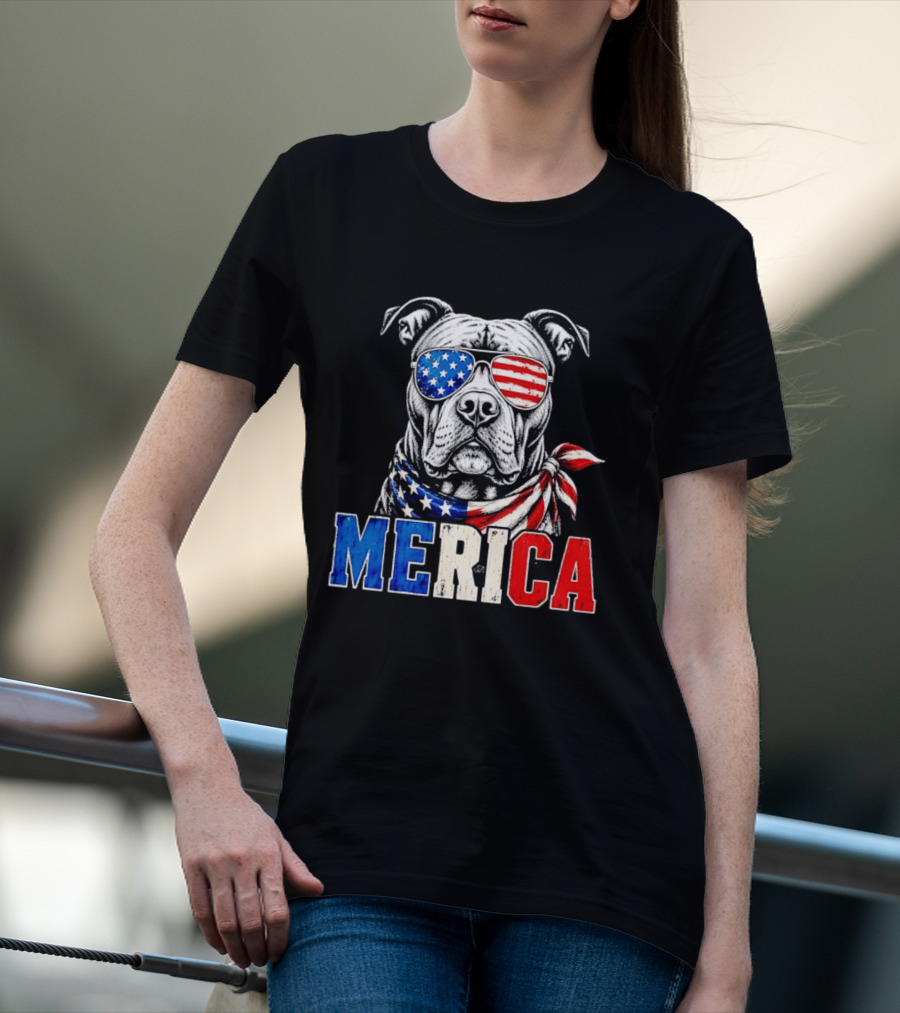 Patriotic Pit Bull Merica Dog With American Flag Sunglasses And Bandana T-Shirt