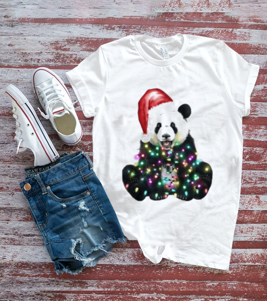 Panda With Christmas Lights And Santa Hat Holiday Animals T-Shirt