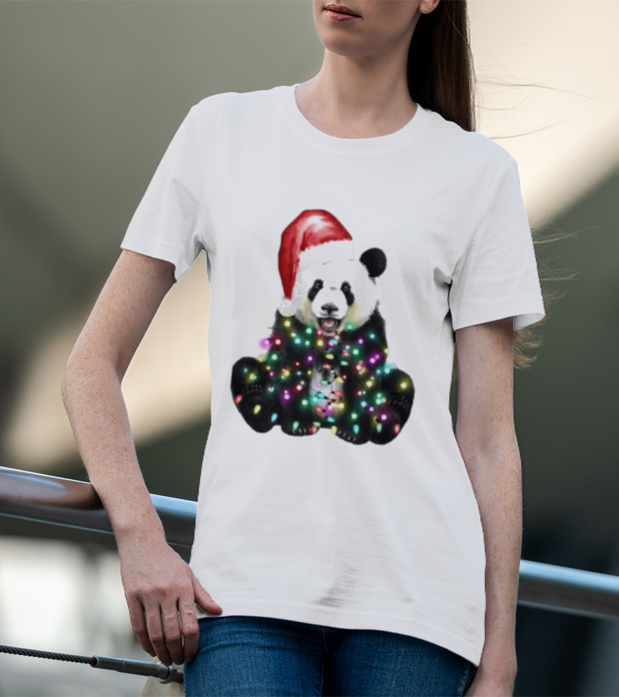 Panda With Christmas Lights And Santa Hat Holiday Animals T-Shirt