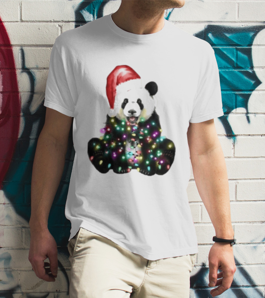 Panda With Christmas Lights And Santa Hat Holiday Animals T-Shirt