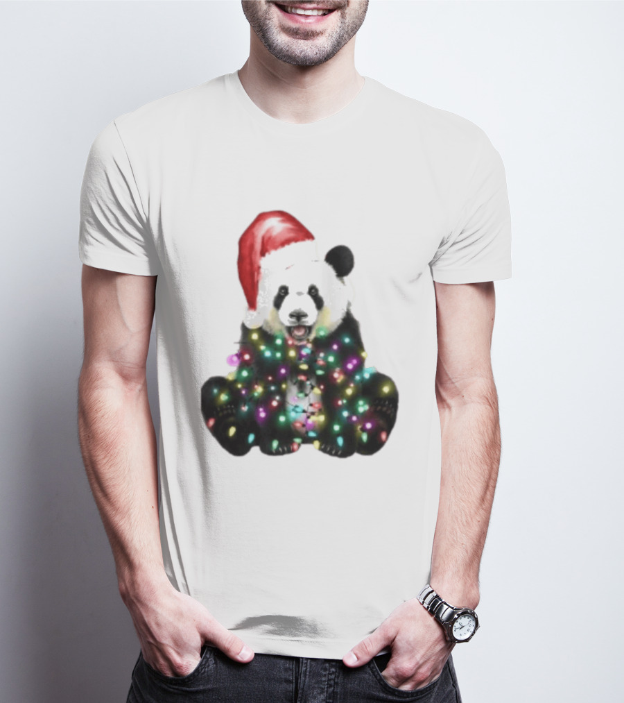 Panda With Christmas Lights And Santa Hat Holiday Animals T-Shirt
