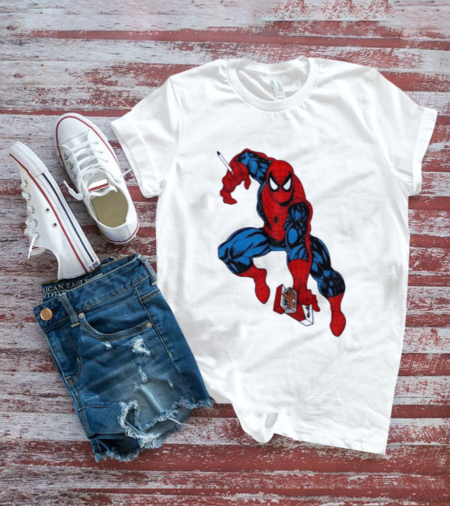 Marlboro Spider Man Crouching Holding Cigarette Packcartoon T-Shirt