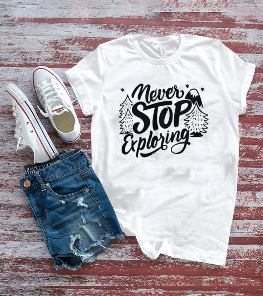 Never Stop Exploring Pine Trees Snowy Mountain Peak Stars T-Shirt