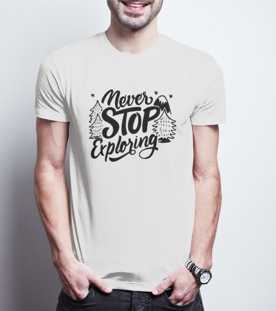 Never Stop Exploring Pine Trees Snowy Mountain Peak Stars T-Shirt